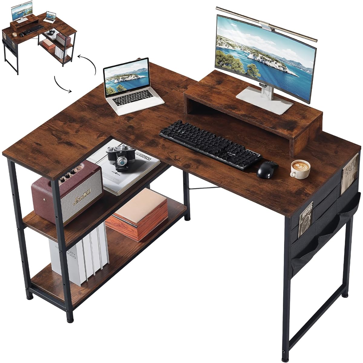 Somdot L-shaped desk, gaming desk, computer desk, desk, PC desk, width 107 cm x depth 80 cm x height 74 cm, L-shaped corner desk with shelf, working from home, work, with rack, interchangeable left and right, storage bag included, stylish, study desk, mo