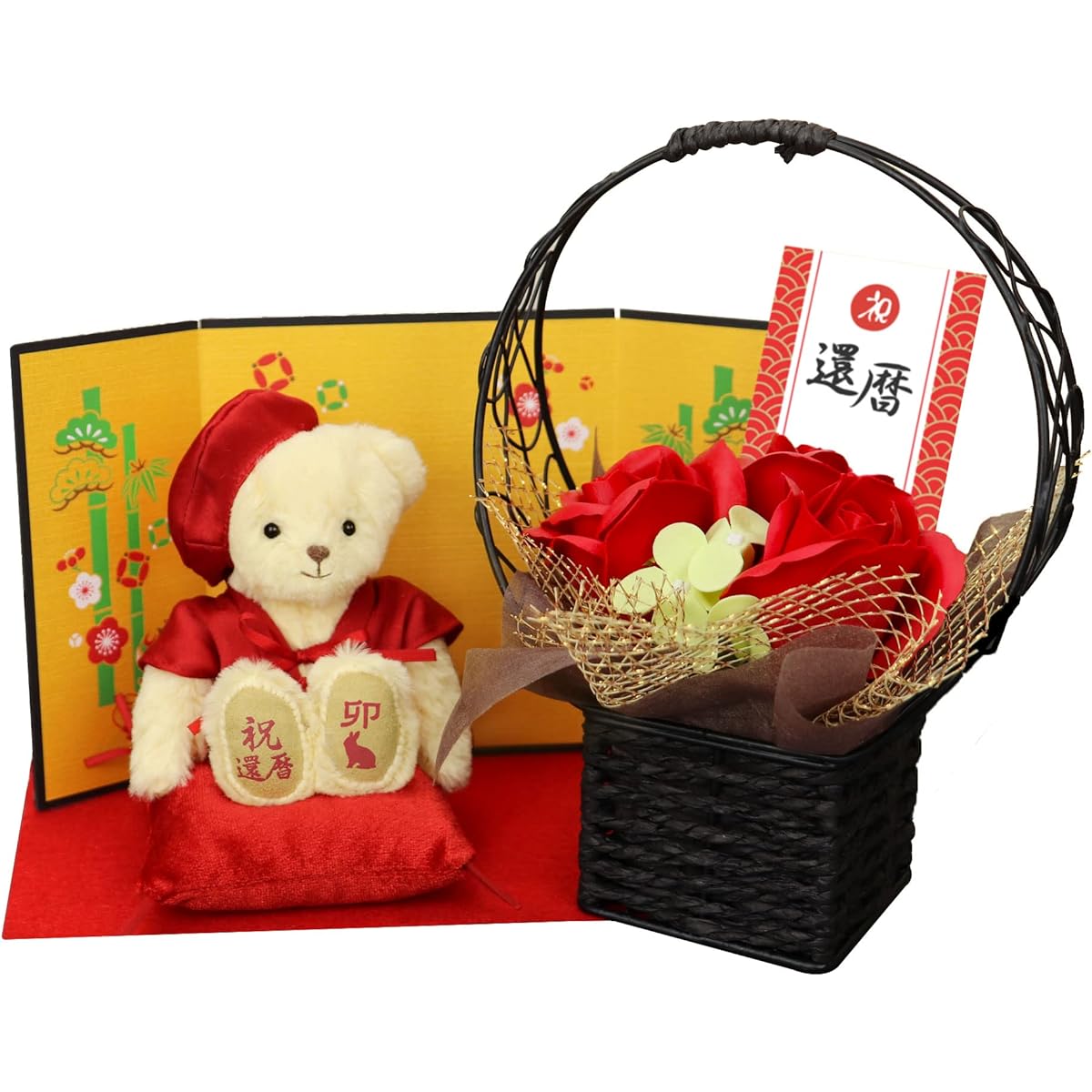 [Petit Roux] A festive teddy bear wearing a red Chanchanko (gold folding screen fragrance soap flower) for your 60th birthday.