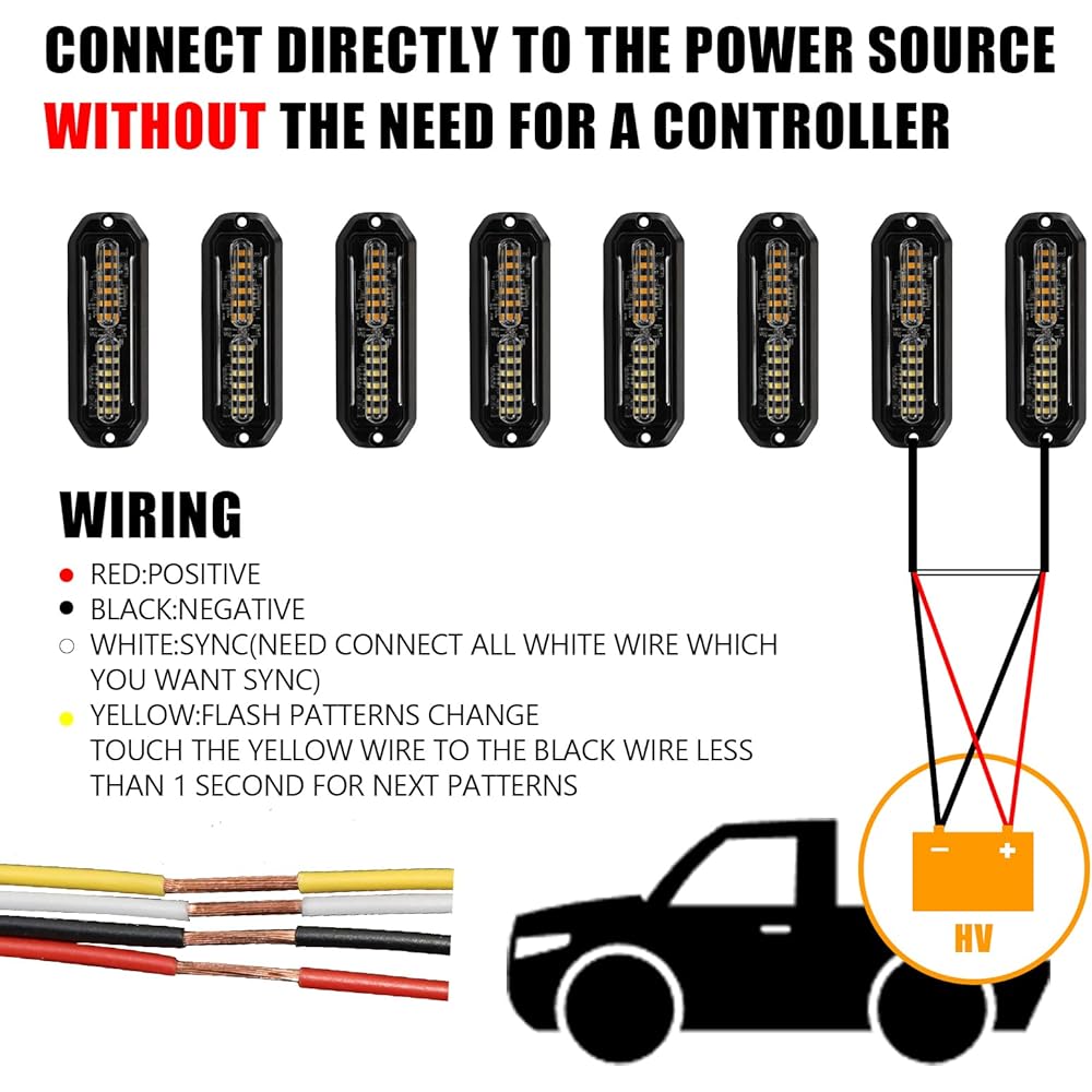 Wineco Amber/White LED Strobe Kit-8 Pieces 12-LED Flashing Emergency Warning Light Truck Vehicle Vehicle