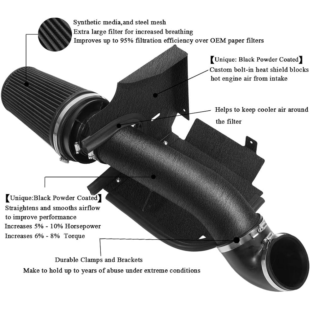 MOOSUN 4 inch cold air intake black tube + heat shield 1999-2006 GMC/chavy V8 4.8L/5.3L/6.0L Silverado 1500/2500/3500 Black