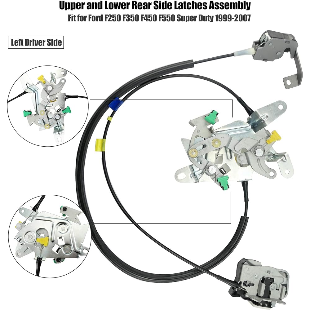 Door Lock Latch & Cable for Ford F-250 F-350 F-450 F-550 Super Duty 1999-2007 Left Driver Top and Lower Rear Side Latch Assembly Extended Cab, Replaces 6C3Z-28264A01-A