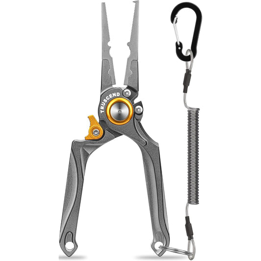 TRUSCEND Denmori [Made of aviation aluminum, with lock] Fishing pliers with safety rope, fishing pliers, PTFE coated, rust-proof, corrosion-resistant, wear-resistant, multi-functional, saltwater, hook remover, needle remover, line cutter, stainless steel