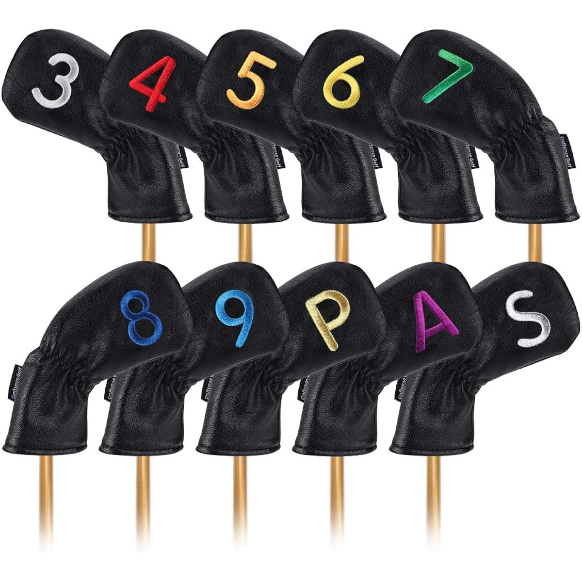CRAFTSMAN Golf iron cover for left and right hands, 10 pieces (3-9, P, A, S), double-sided count embroidery, wedge cover, long neck, head cover set, elastic closure