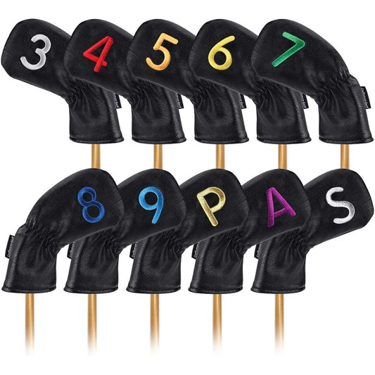 CRAFTSMAN Golf iron cover for left and right hands, 10 pieces (3-9, P, A, S), double-sided count embroidery, wedge cover, long neck, head cover set, elastic closure