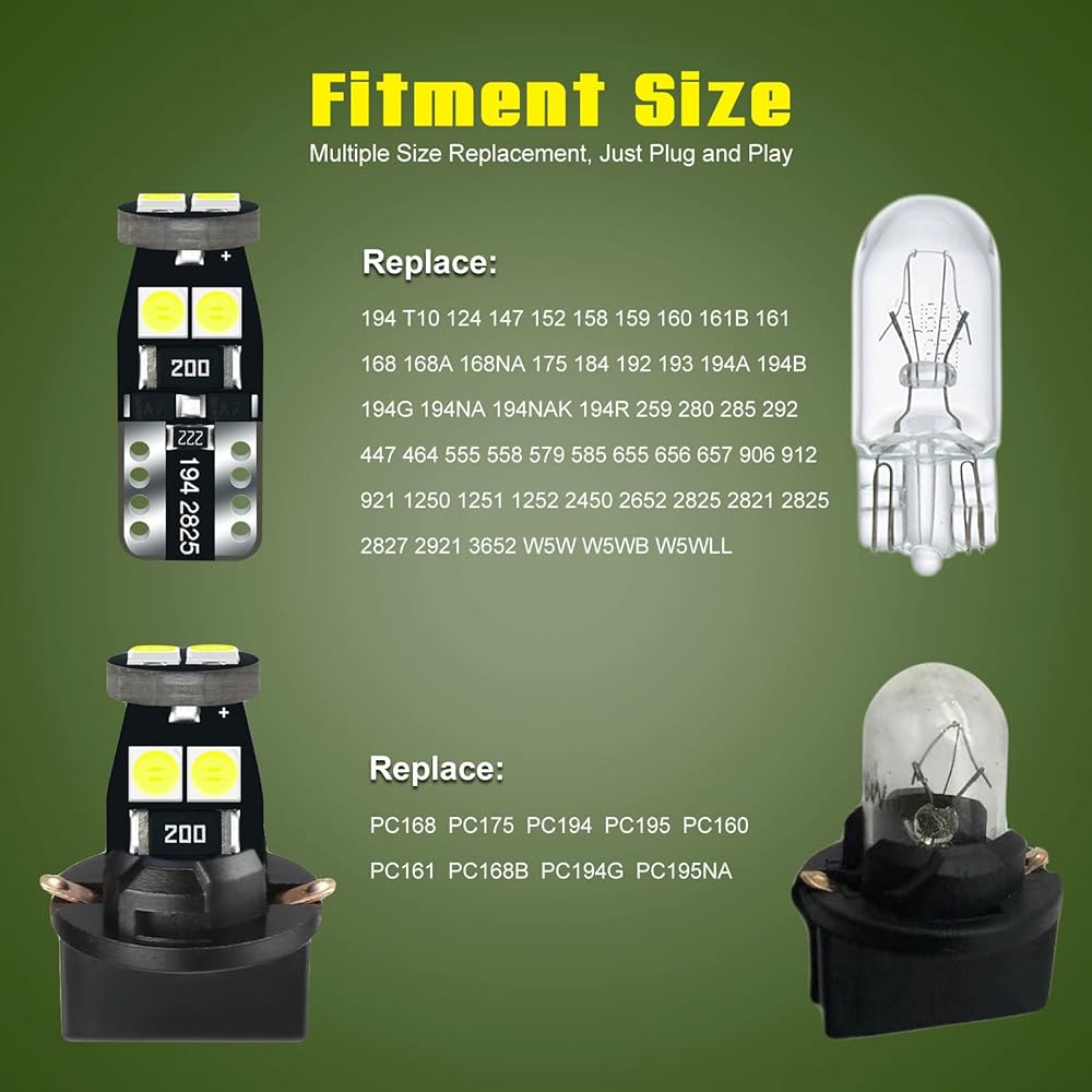 12V White T5 37 74 73 2723 2721 T10 158 168 168 194 2825 Socket Instrument Cluster with LED bulb replacement Dashboard Gauge Indicators Lamp PC74 PC118 PC16194 PC194 5 PC161 50 PC161