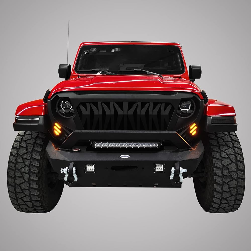 HOKE ROAD JL/JT Front Grill Cover Shak Grill Guard Jeep Wrangler JL JLU & GLADIATOR JT 2018-2024 (with Amber Signal Light)