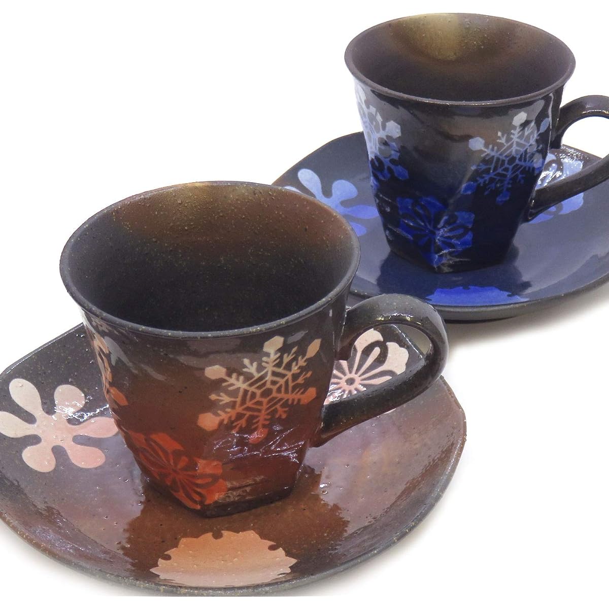 Kutani ware pottery coffee cup pair set with snow ring pattern