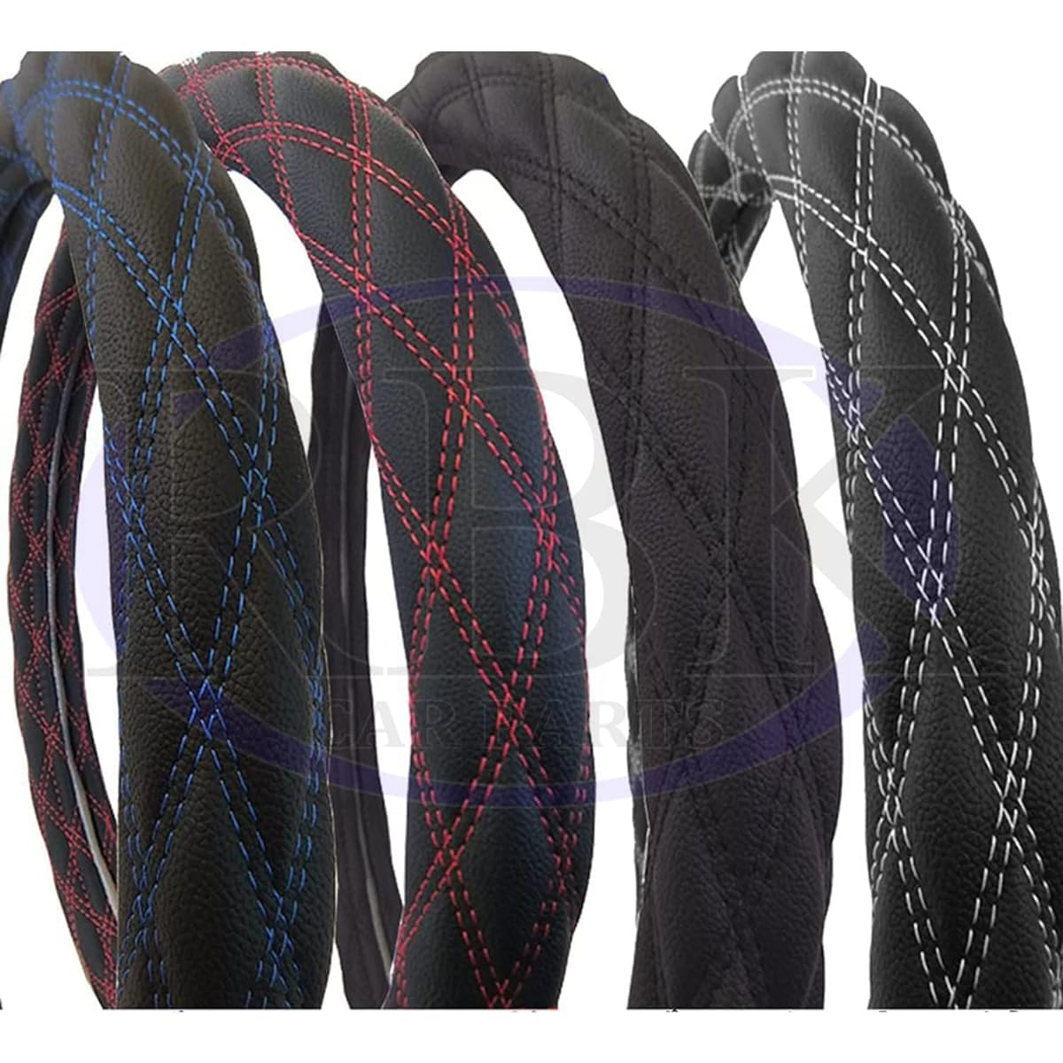2L-B 46cm Steering Wheel Cover Five Star Giga 07 Forward Quon White Red Black Blue Double Diamond Stitching PVC Leather (Red Stitching)