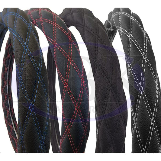 2L-B 46cm Steering Wheel Cover Five Star Giga 07 Forward Quon White Red Black Blue Double Diamond Stitching PVC Leather (Red Stitching)