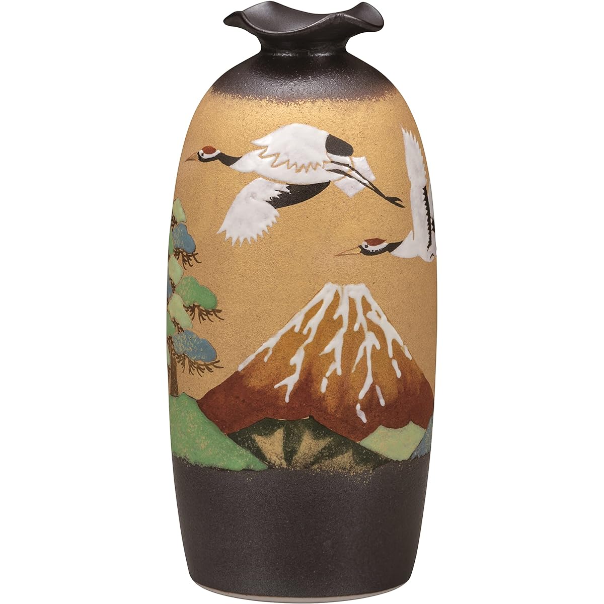 Kutani Ware Iwataya "Kutani Ware" Vase (No. 8) Red Fuji and Crane by Hiroki Furuta K7-1261 Diameter 11.8 x Height 25 cm