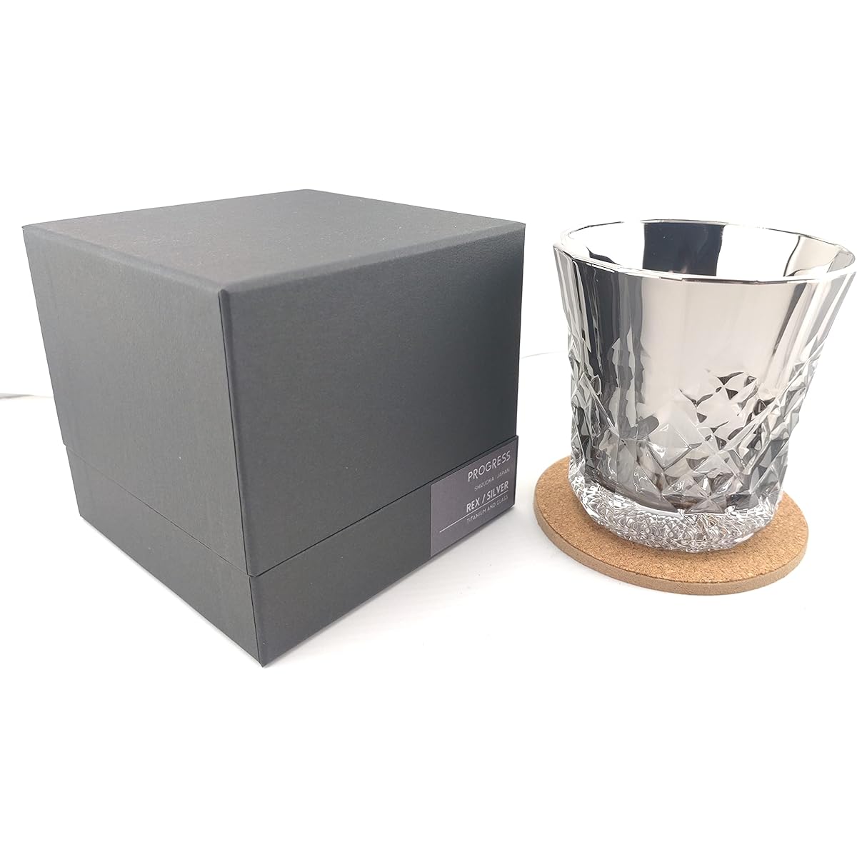 PROGRESS Genuine Stylish Rocks Glass Titanium Mirror Made in Japan Celebration Father's Day Gift Present Whiskey Wine Mellow Alcohol Includes Cork Coaster (Rex Silver)