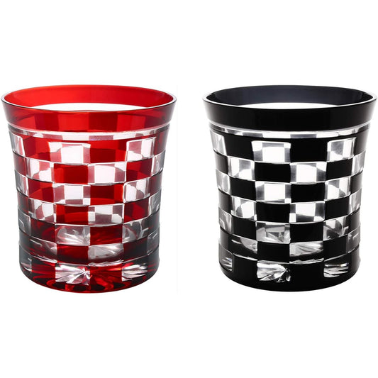 Edo Kiriko Kawai Sarazo Old Glass Pair Checkered Black & Red 1754-33BR