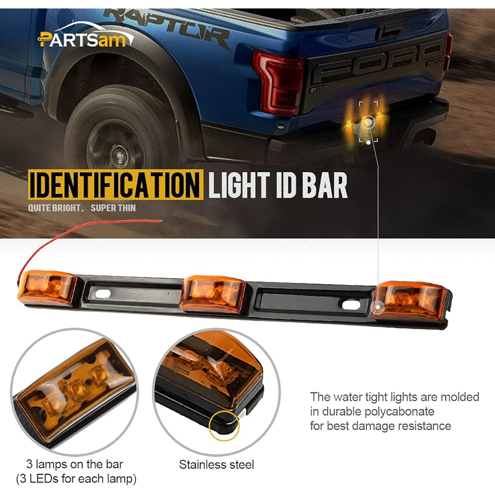 PARTSAM 2 Unber Rack Trailer ID Light Bar 9LED 3 Lamp Front Clearance Identification Light Bar Amber Clearance Marker Light Strip Bar Stainless Steel Bracket Waterproof