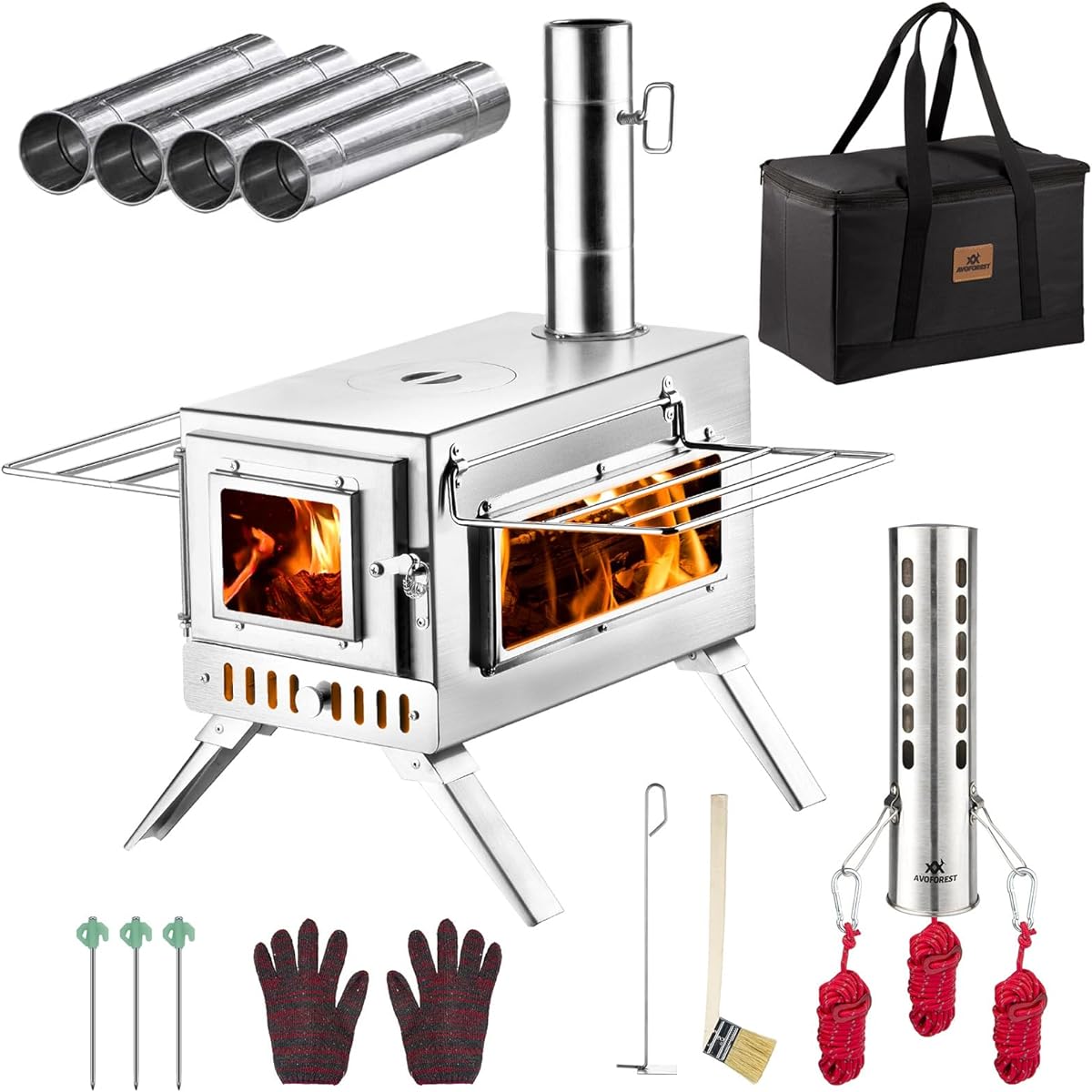 Wood Stove AVOFOREST Foldable Camping Stove Stainless Steel 2 Heat Resistant Glass Grid Shelf Chimney with Spark Arrester Compact Storage Storage Bag Included Tent Cooking Barbecue BBQ Bonfire Fireplace Camp Heater for Tent