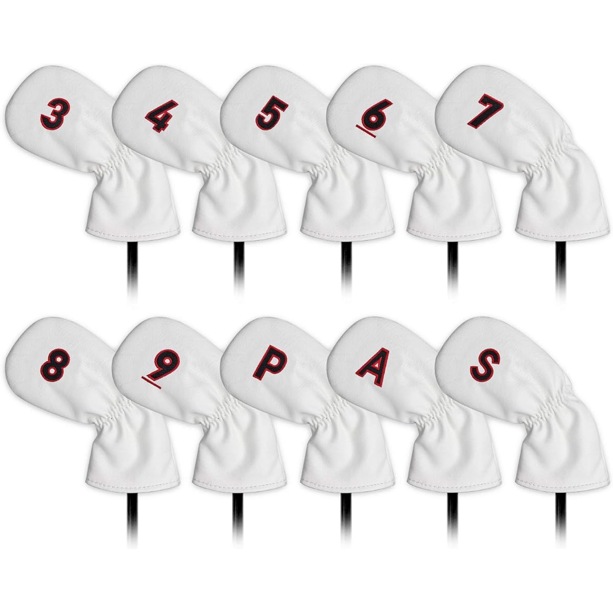 Golf head cover wedge cover 48°50°52°54°56°58°60°62° Set of 8 Iron covers 10 pieces (3-9,P,A,S) Elastic closure Double-sided number embroidery For both left and right Green/Red Long Neck white synthetic leather