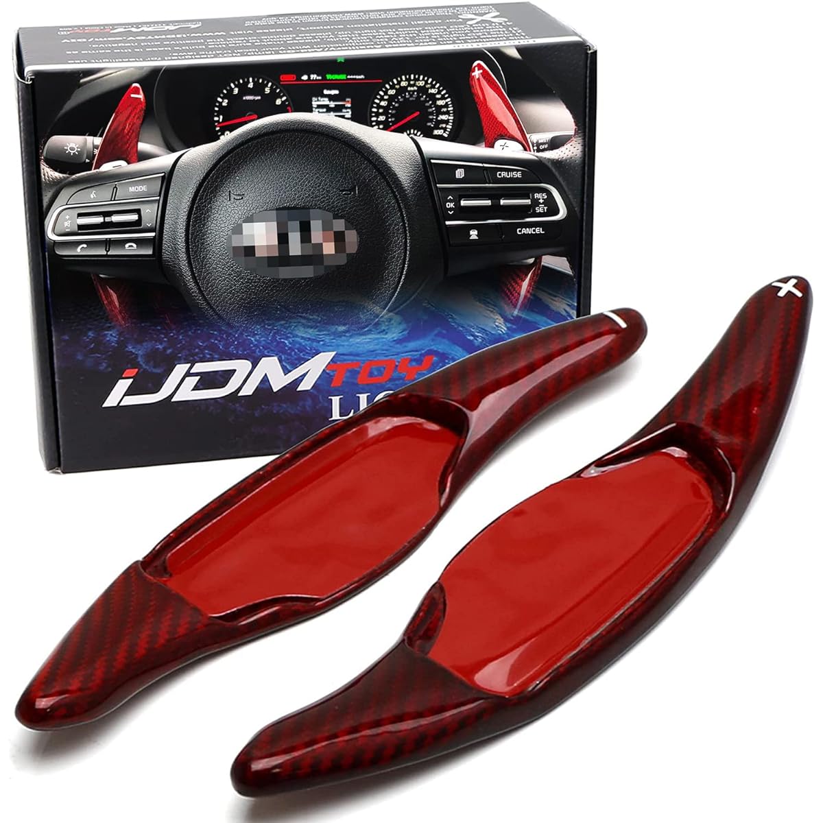 IJDMTOY High glossy red genuine carbon fiber fiber handle large paddle shifter extension cover compatible with KIA STINGER (CK) over 2018