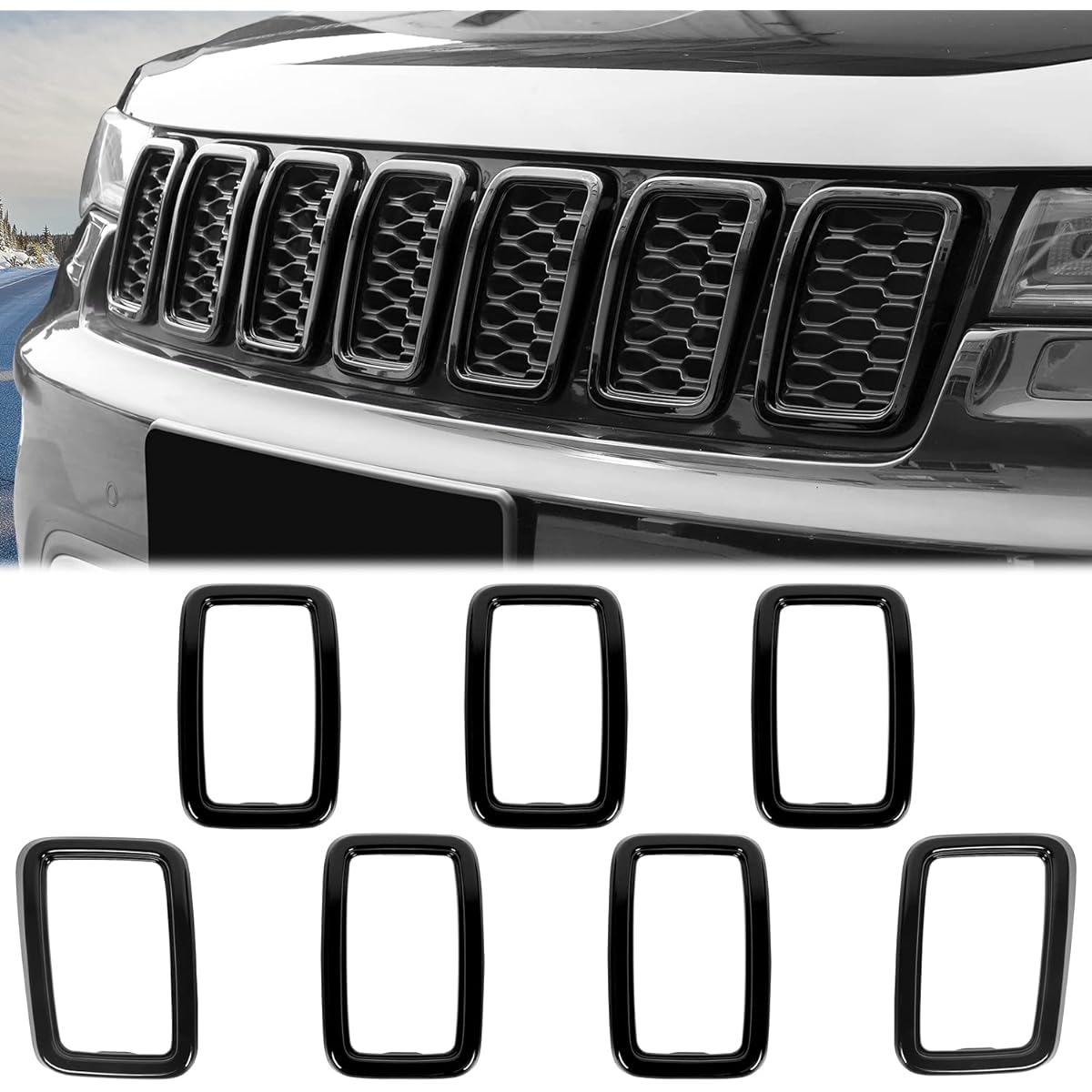 JECAR Front Grilling Grill Insert Cover Trim Kit 2017-2020 Black for Jeep Grand Cheroke (7 pieces)