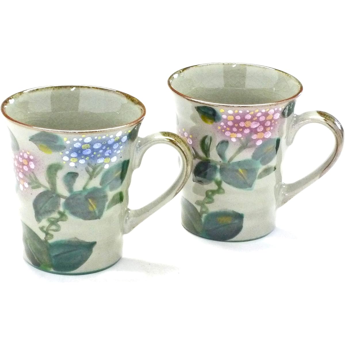 Kutani Ware [Pair Mug] Calyx Hydrangea Pink & Pink Blue Back Illustration