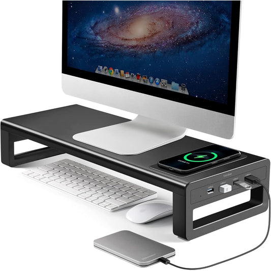 VAYDEER Monitor Stand USB 3.0 Display Stand Wireless Charging Function Computer Desk Stand Tabletop High Speed Data Transfer Keyboard Storage Printer Metal Black Width 54cm