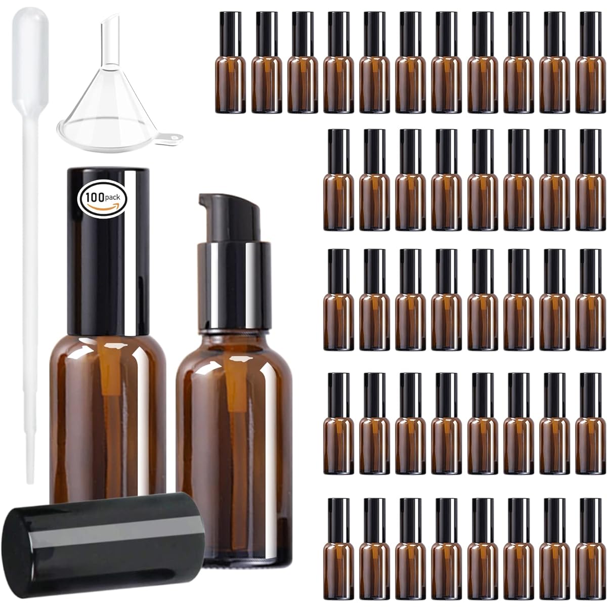 Pump Bottle 30ml 100 Pieces Light Shielding Pump Bottle Glass Emulsion Bottle Cosmetic Bottle Portable Essential Oil Pump Container Travel Bottle Subdivided Refill Bottle Home Business Travel Supplies (Brown)