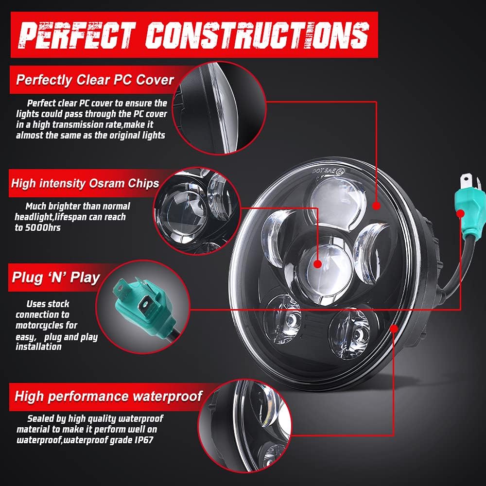 Tugwuetlwu 5-3/4 5.75 Inch LED Motorcycle Headlight Compatible with Harley Davidson Sportster Dyna Street Bob Low Rider Wide Glide Iron 883 1200 Softail Triple Headlamp