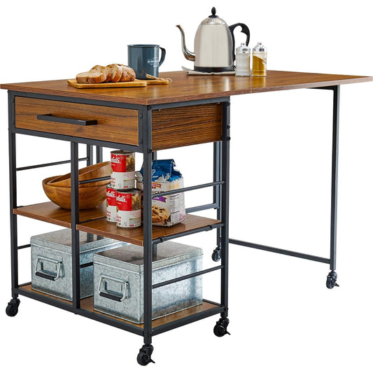 Hagihara Kitchen Wagon Rack, Expandable Top Board, Casters, Movable Shelves, Drawers Included, Width 44.5-102, Brown, 1 Unit LW-4531BR