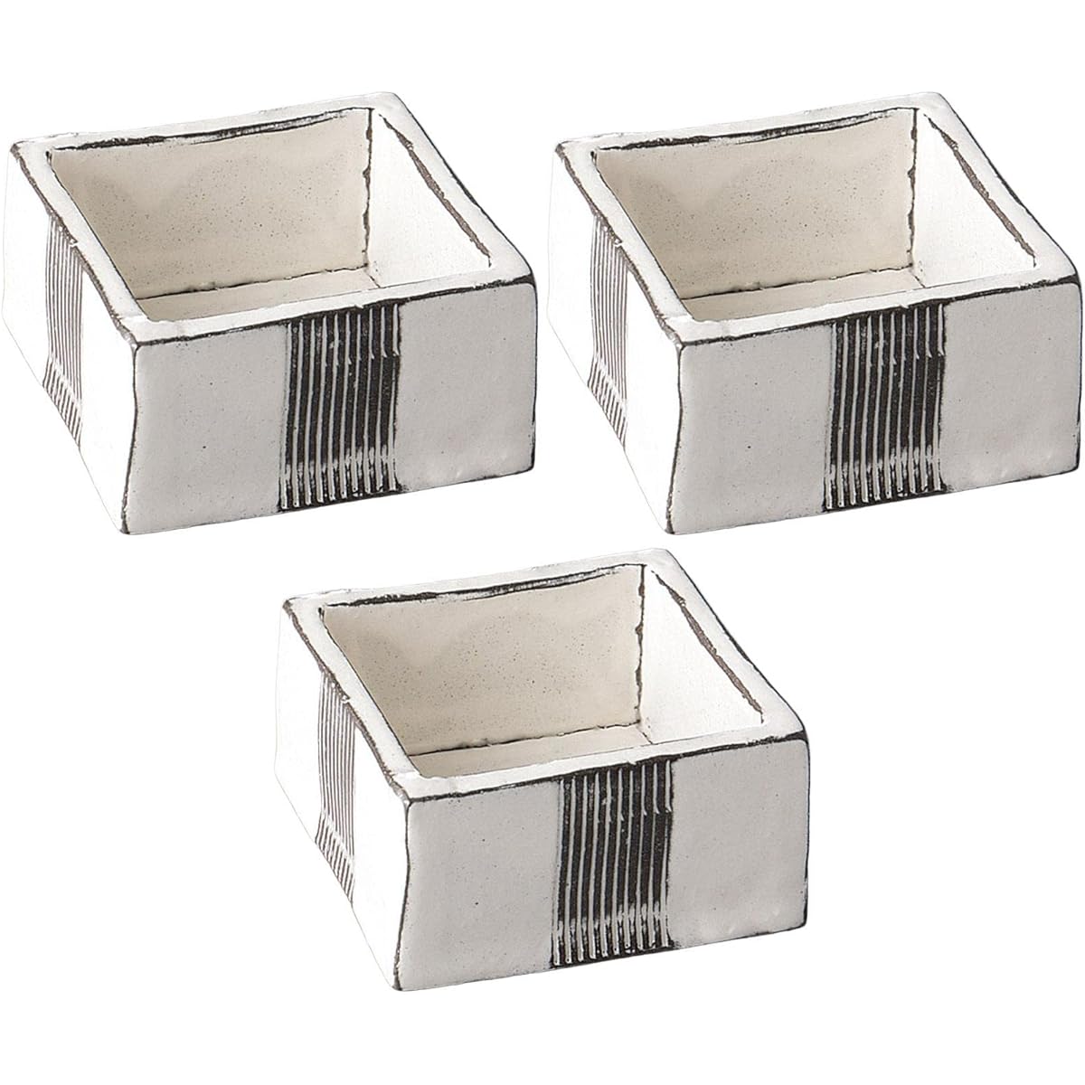 Set of 3 Black Soil White Makeup Single Comb Corner Pot Small [7.8 x 7.8 x 4.1cm] Earthenware [Square Pot]