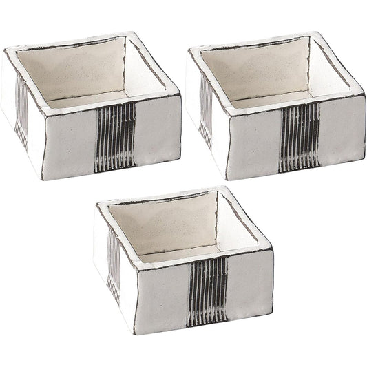 Set of 3 Black Soil White Makeup Single Comb Corner Pot Small [7.8 x 7.8 x 4.1cm] Earthenware [Square Pot]