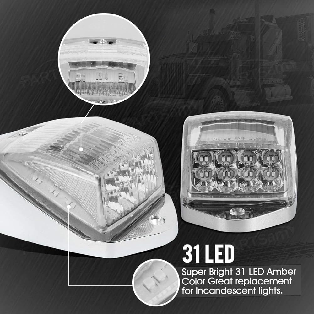 PARTSAM Clear Lens 31LED Amber Marker Top Roof Rooming Light Chrome Base PeterBilt/Kenwork/Freightliner // Western Star/Mack/International/Paccar Trailer Track 5 pieces