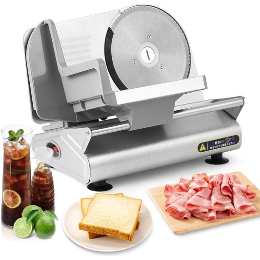 Hanchen Electric Slicer, Meat Slicer, 0-15mm Thickness Adjustable, φ19cm Stainless Steel Rotating Steel Blade, Press Lid Included, Slices Ham/Bacon/Sukiyaki/Shabu-Shabu/Fruits/Vegetables/Bread/Cheese, etc. for Home and Commercial Use (110V)