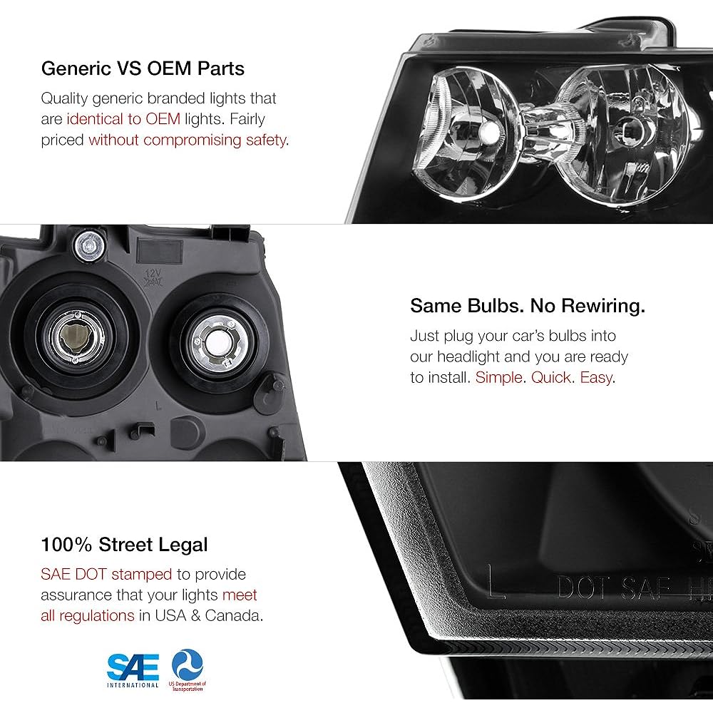 VIPMOTOZ Black Housing OE Style Head Light Head Lamp Acembris 2007-2014 Chevrolet Avarante Taho Subarban 1500 2500 Ride seats & passenger seat side