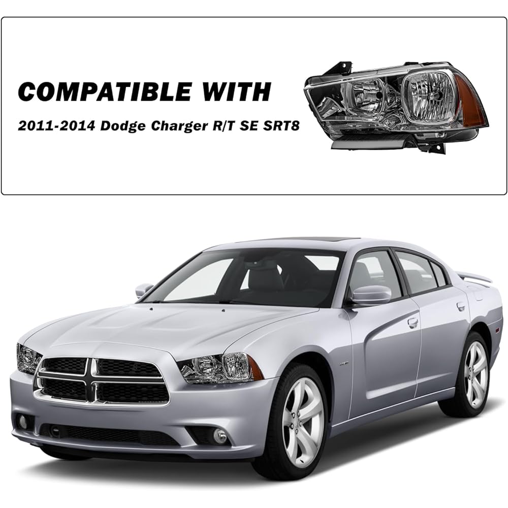 Headlight assembly set 2011/2012/2013/2014 DODGE CHARGER Smoked Black Lens Amber Reflector Halogen Head Lamp Public seat side and driver's seat side (smoke black)