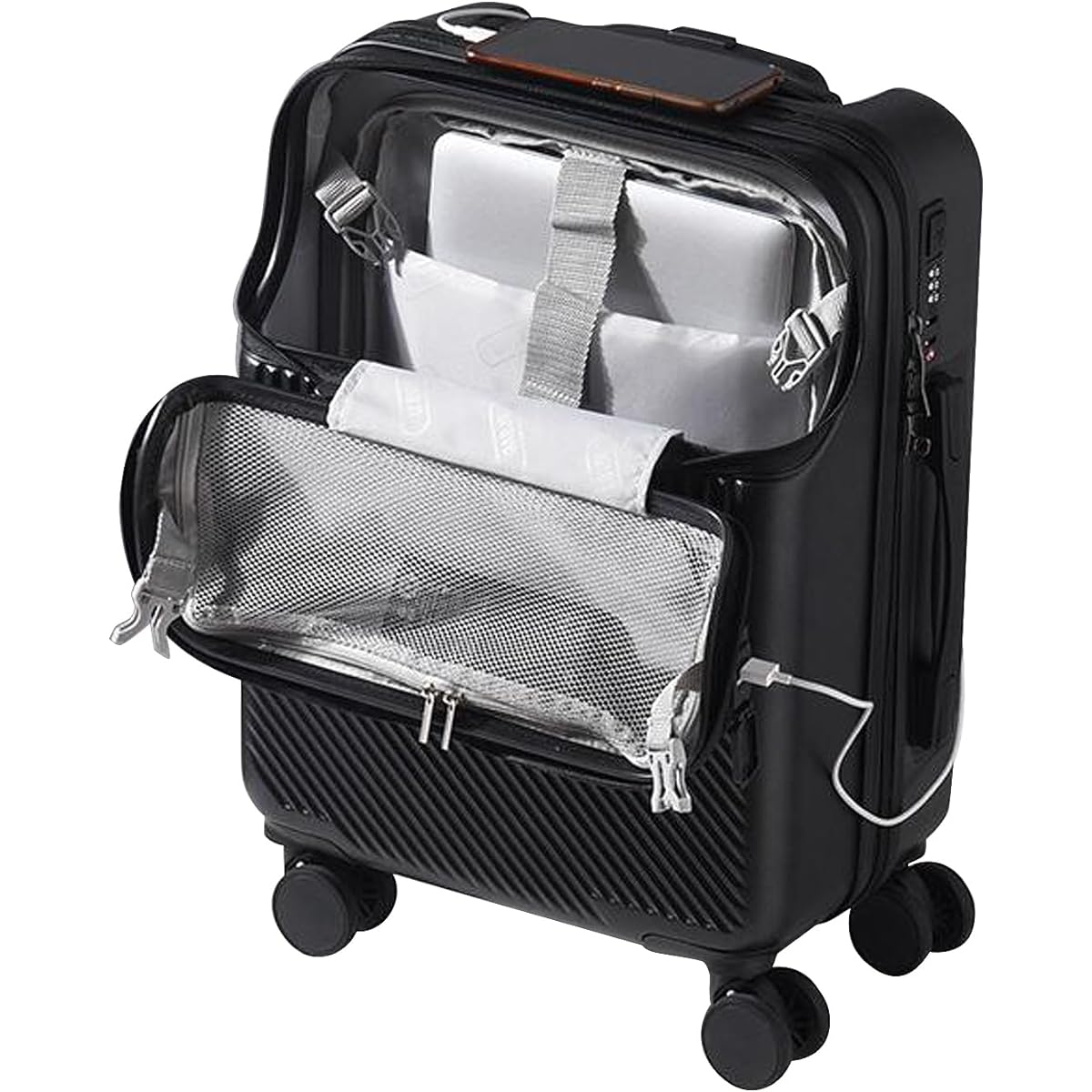 [Charyee] Suitcase with USB Port, Carry-on, Front Open, Carry Case, Ultra Lightweight, Carry Bag, Zipper Type, Shockproof, Popular, Silent Double Casters, Equipped with TSA Roke, Travel Business Business (M Size, 60L, Black)