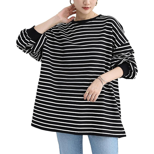 [Eolluka] Women's Border T-Shirt Sweatshirt, Long Sleeve, Border, Long Sleeve T-Shirt, 100% Cotton, Sweatshirt, Pullover, Long T-Shirt, Spring, Thin, Plain, Large Size, Stylish, Office, Crew Neck, Cut and Sewn Tops, Work…