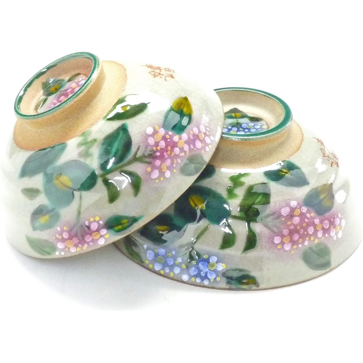Kutani ware [pair rice bowl] Hydrangea pink + pink & pink + blue pottery back picture