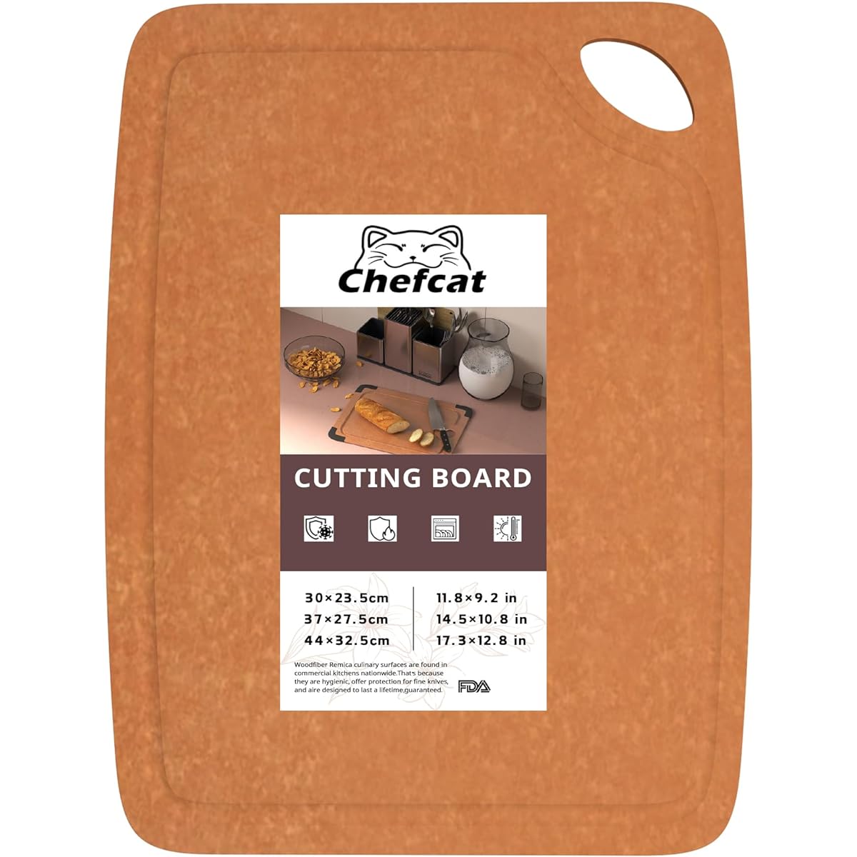ChefCat Wooden Cutting Board, Pine Fiber, Dishwasher Safe, High Heat Resistance, Antibacterial, Thin, Silicone Non-Slip, High Density Impermeable, Housewarming, Outdoor Suitable, Making Sushi, Cutting Fruits (Fox Color, L)