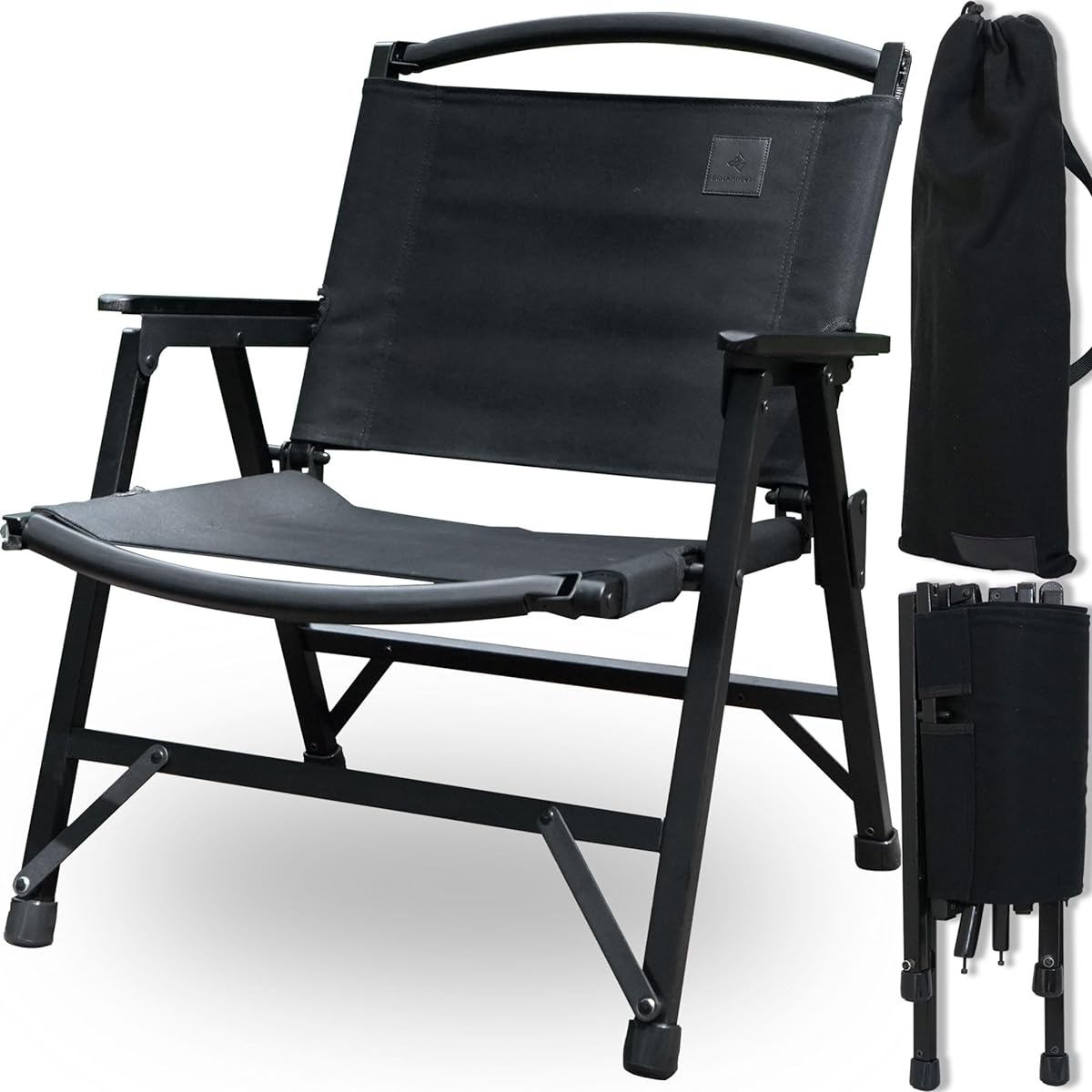BlackishGear Camping Chair Black Wood Chair Outdoor Chair Black Chair Wooden Wood Frame Low Chair Compact Folding Load Capacity 120kg