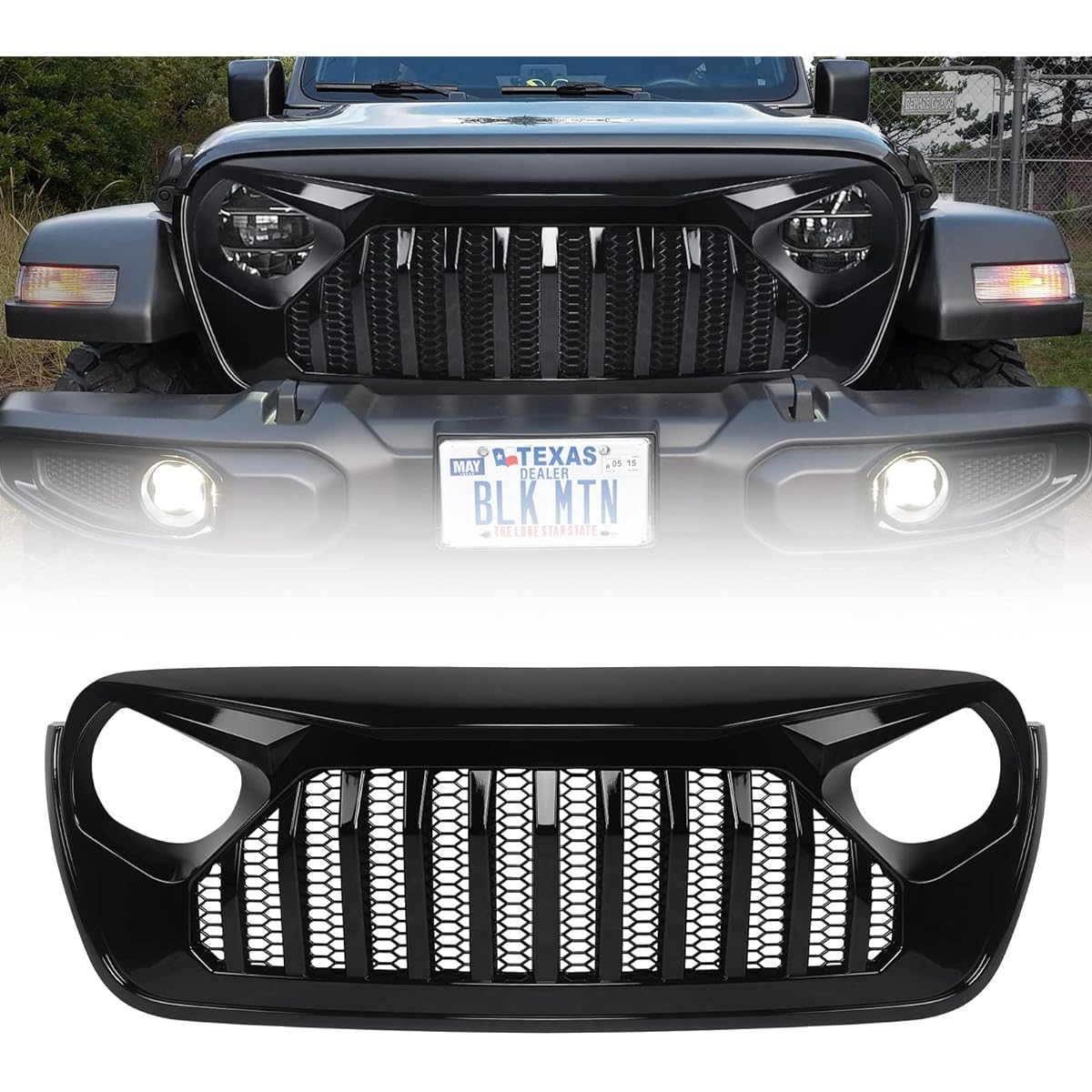 DKMGHT Front grill glossy black grilled grid jeplangler JL JLU 2018, 2019, 2020, 2022 Geeprangler JT (glossy blackfury)