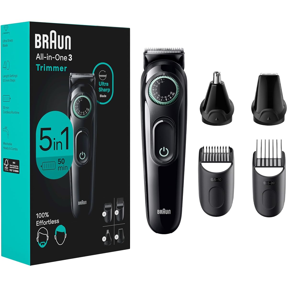 Braun All-in-One Style Kit Series 3 3450 5in1 Trimmer Beard Trimmer Ear Nose Trimmer Clipper Others Super Sharp Blade Washable in 40 Lengths