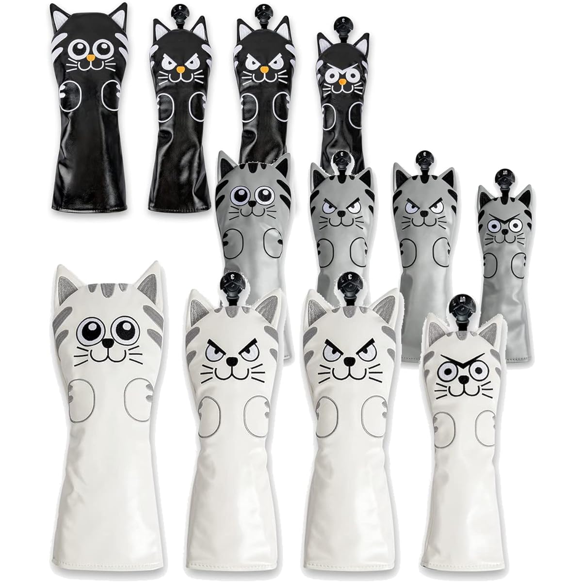 Golf head cover Driver cover 1 piece / Wood FW cover 2 pieces Utility UT cover 1 piece Conversion tag included 4 piece set Cat Cat White Black Gray