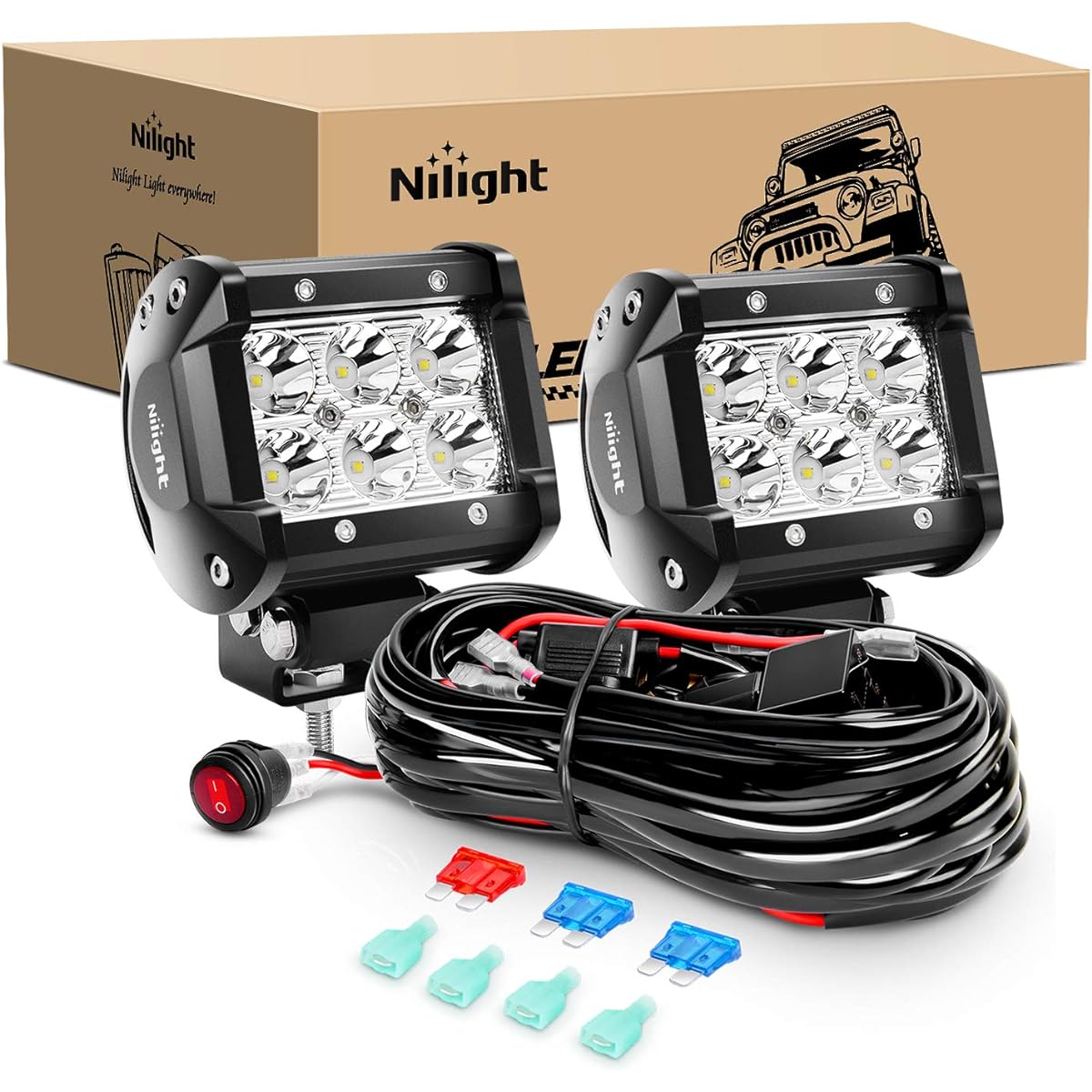 NILIGHT ZH009 LED light bar 2 18W spot off -road light 16AWG wiring harness kit 2 core