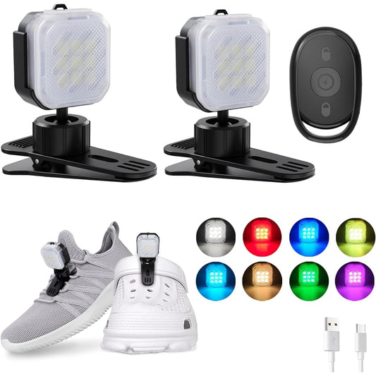 MAZERO Running Light, USB Rechargeable, Small Walking Clip Light, 8 Colors Switchable, Remote Controlled LED Light, Adjustable Angle, Jogging Light, Dog Walking Light, Fishing Light, Shoe Light, General Purpose, RGBW, 9 SMD Explosive Light, Strobe Light,