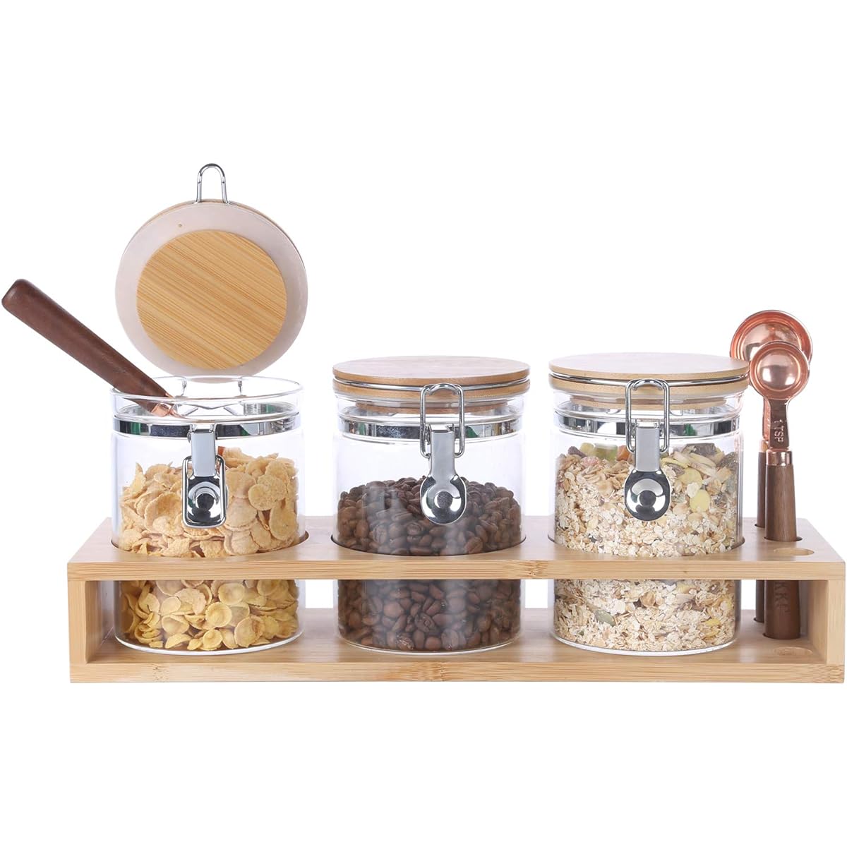 KKC Canister Glass 800ML Cocoa Powder, Seasonings and Dry Goods, Instant Coffee, Coffee Beans, Sugar, Tea, Coffee, Yeast Seeds, Barley Tea, Tea Storage Container, Sealed Bottle, Storage Bottle, Spoon Included, Set of 3