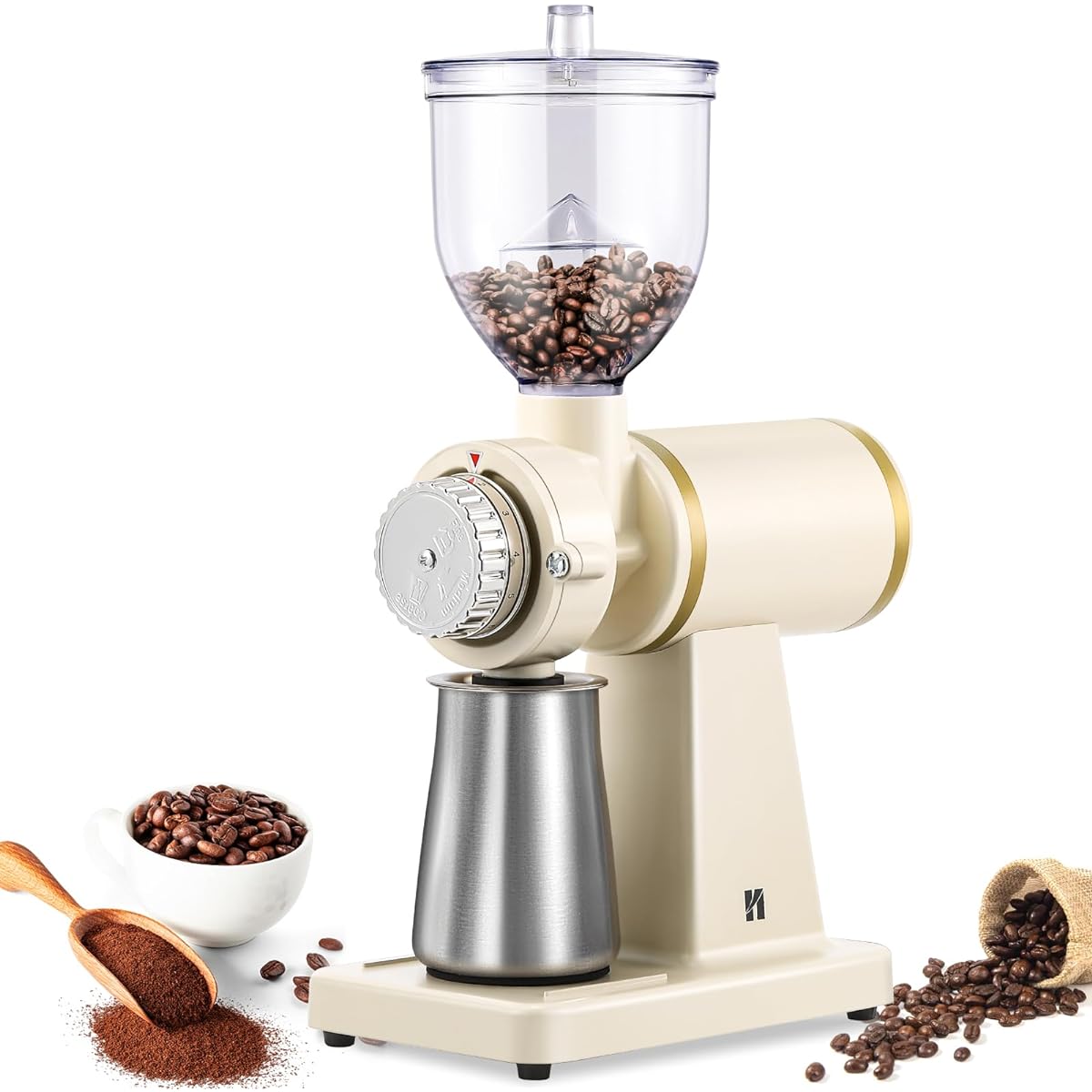 Huanyu Coffee Mill, Electric Coffee Grinder, 8-Level Particle Size Adjustment, Coffee Beans, 225g Large Capacity, 200W High Power, Anti-Static Electricity, Bean Grind, Powder, 110V/60Hz, Applicable to Japan, For Home and Commercial Use, Stainless Steel R