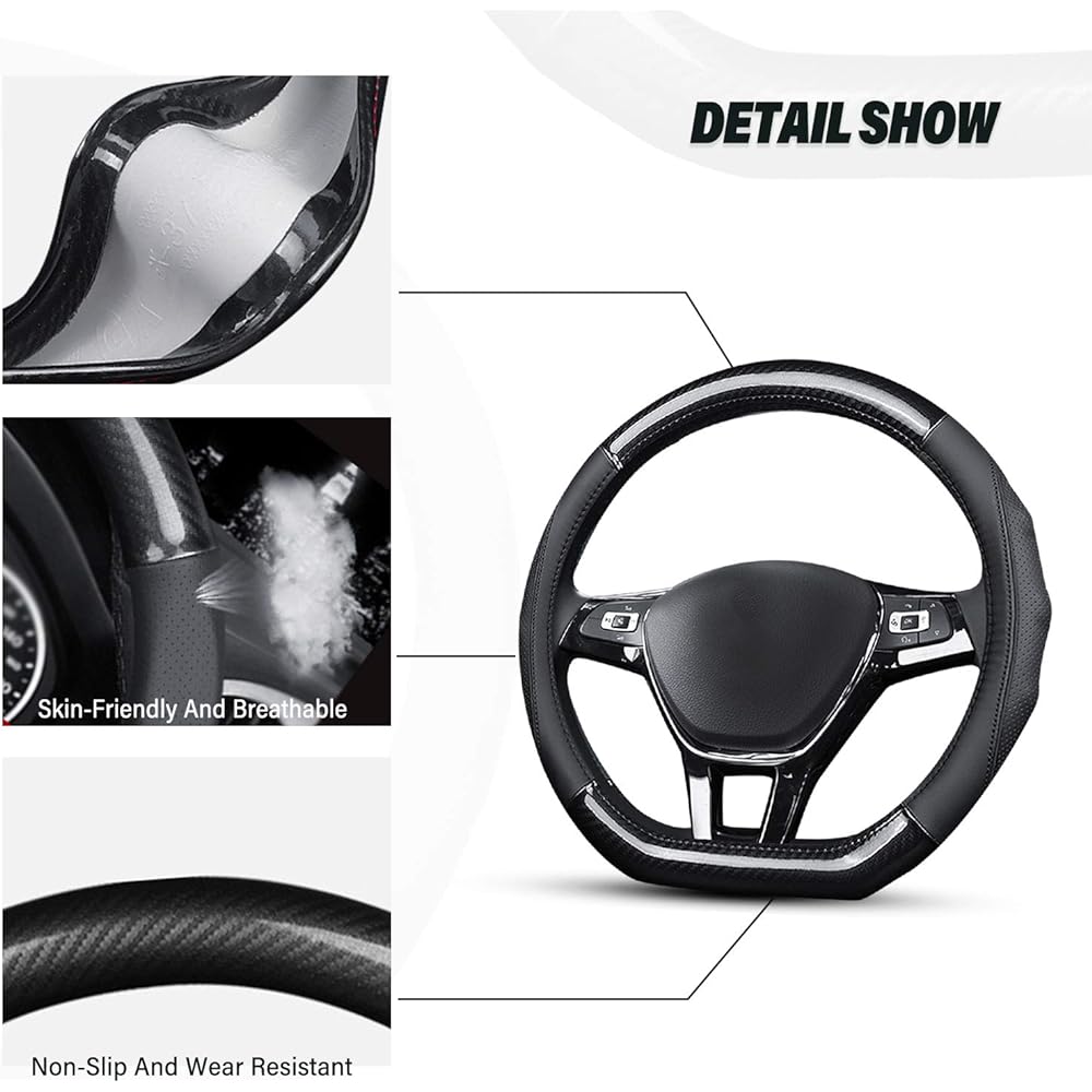 Ergocar Car Steering Wheel Cover Anti-slip D-Shape Steering Wheel Cover Carbon Fiber & First Layer Cowhide Leather Diameter 38cm (D-Black-Red)
