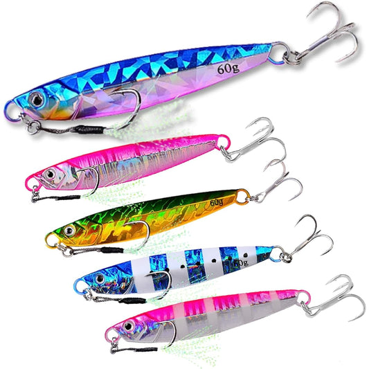 [TACKLAND] Metal jig, high cost performance, set of 5, great fishing, proven color, 24g, 30g, 40g, 60g, equipped with strong hook, luminous body lure, shore jigging, LSJ drag, short cast, with assist hook
