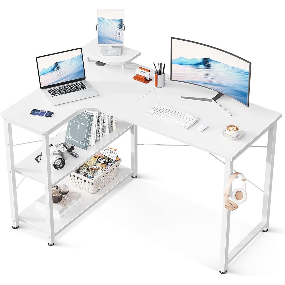 ODK Computer Desk L-shaped Gaming Desk Width 110 L-shaped Desk PC Desk Desk with Rack Storage Corner Desk Office Desk Work from Home Easy to Assemble Study Room Vintage Left Shelf
