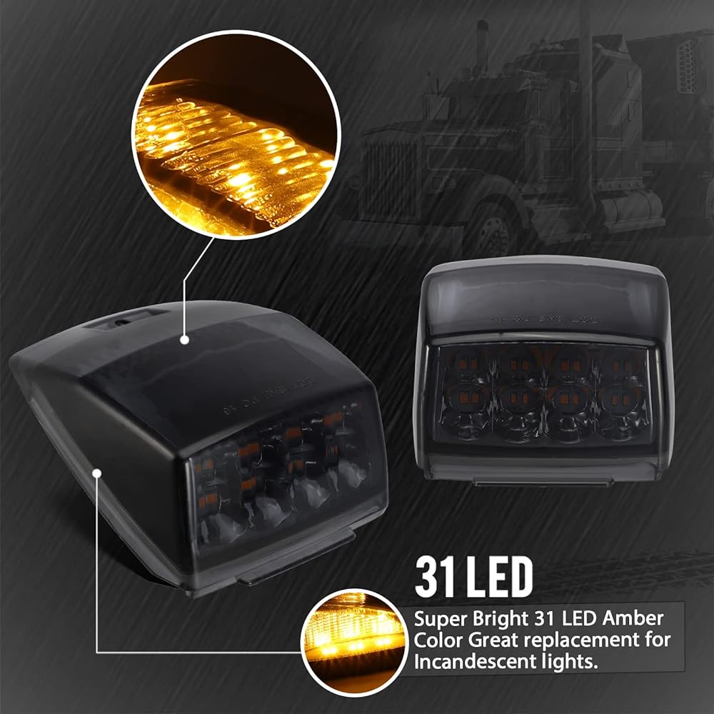 PARTSAM Smoke Lens Amber 17 LED Cab Marker Top Roit Acembred Kenworth/Peter Bilt/Freight Liner/Mac/International Packer Semi Track Trailer 5 pieces