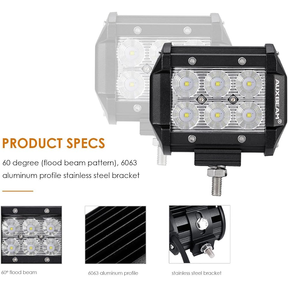AUXBEAM 4 inch LED Pod 18W LED Light Barfrad Beam LED Off -Road Driving Light Wiring with harness SUV ATV UTV Track Pickup Lamp (2 packs)