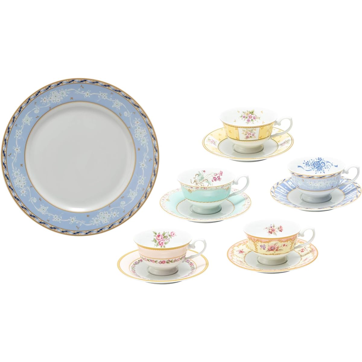 NARUMI Dinnerware Set, Floral Boutique, Floral Pattern, 5 Pattern Set, Stylish, Gorgeous, 11 Pieces, Microwave Warmable, Made in Japan, Gift Box Included 41721-33460